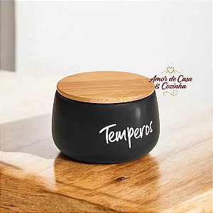 POTE DE CERÂMICA PRETO COM TAMPA DE BAMBU MULTIUSO 500ML
