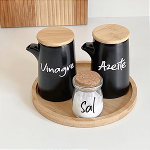 KIT GALHETEIRO 4 PEÇAS PORCELANA E BANDEJA DE BAMBU GRANFINE