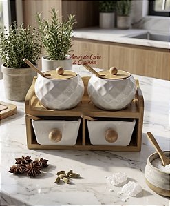 PORTA CONDIMENTOS DE PORCELANA E BAMBU 9 PEÇAS GRANFINE