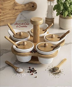 PORTA CONDIMENTOS DE PORCELANA E BAMBU 16 PEÇAS GRANFINE