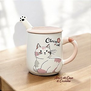 CANECA DE CERÂMICA COM PIRES E COLHER NEW LIFE 2 GATO