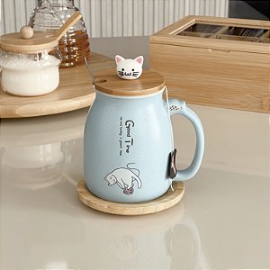 CANECA DE CERÂMICA COM PIRES E COLHER NEW LIFE AZUL GATO