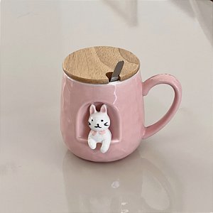 CANECA DE CERÂMICA COM PIRES E COLHER NEW LIFE GATO ROSA