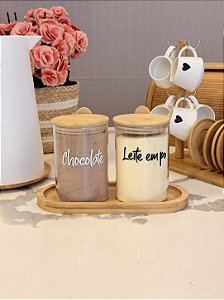 KIT 2 POTES 600ML COM TAMPA COLHER E BANDEJA DE BAMBU JADE