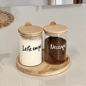 KIT 2 POTES 600ML COM TAMPA COLHER E BANDEJA DE BAMBU JADE