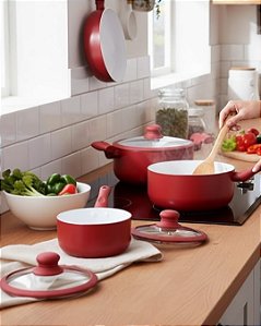 CONJUNTO 5 PANELAS CARMIN VERMELHO QUEIMADO APTA AO FOGÃO DE INDUÇÃO