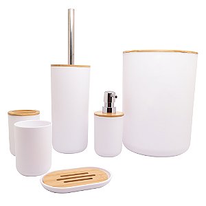 KIT DE BANHEIRO DE ABS E BAMBU BRANCO 6 PEÇAS