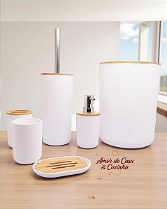 KIT DE BANHEIRO DE ABS E BAMBU BRANCO 6 PEÇAS