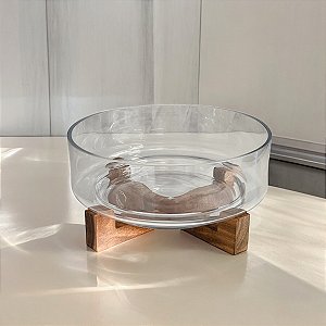 SALADEIRA VIDRO BASE MADEIRA ACÁCIA 22CM
