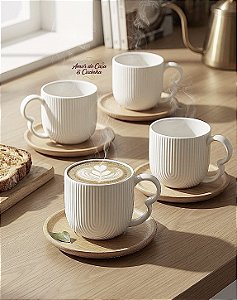 CONJUNTO 4 XÍCARAS DE CAFÉ CERÂMICA E BAMBU GRANFINE 90ML