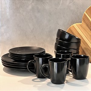 CONJUNTO DE CERÂMICA PRETO 16 PEÇAS