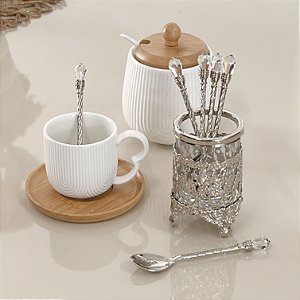 CONJUNTO 6 COLHERES DE ZAMAC E CRISTAL COM SUPORTE CAFÉ