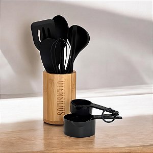 KIT UTENSÍLIOS DE SILICONE PRETO 9 PEÇAS