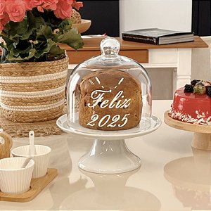 PORTA PANETONE DE VIDRO E PORCELANA FELIZ NATAL