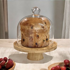 PORTA PANETONE DE VIDRO E BAMBU COM PÉ FELIZ NATAL
