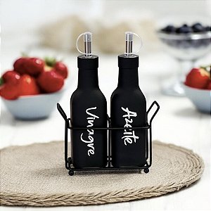 KIT GALHETEIROS PRETO COM SUPORTE 180ML 3 PEÇAS