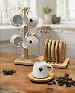 CONJUNTO 6 XÍCARAS DE CAFÉ COM SUPORTE DE BAMBU GRANFINE 90ML