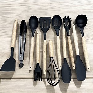 KIT UTENSÍLIOS DE SILICONE E MADEIRA PRETO 12 PEÇAS