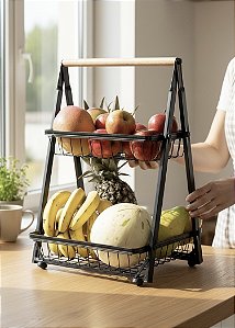 FRUTEIRA DUPLA DE METAL COM ALÇA DE BAMBU PRETA 34X36X52CM