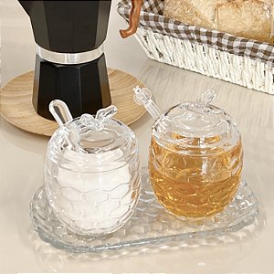 KIT BANDEJA MELEIRA E AÇUCAREIRO DE CRISTAL BEE
