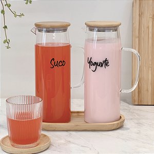 JARRAS DE VIDRO BOROSILICATO COM BANDEJA E TAMPA DE BAMBU 1.2L