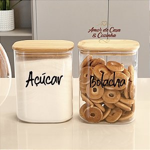 KIT 2 POTE DE VIDRO HELENA TAMPA BAMBU ESCOLHA PERSONALIZAÇÃO E TAMANHO