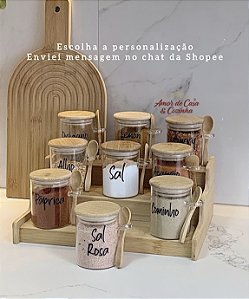 KIT TEMPEROS HERMÉTICO COM RACK E TAMPA DE BAMBU 9 POTES