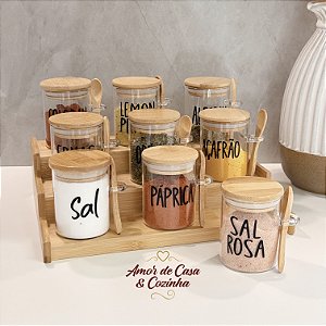 KIT TEMPEROS HERMÉTICO COM RACK E TAMPA DE BAMBU 9 POTES