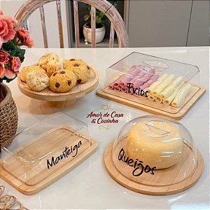 KIT MESA POSTA 4 PEÇAS PORTA FRIOS QUEIJEIRA MANTEIGUEIRA E PRATO PARA BOLO DE BAMBU