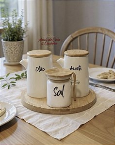 KIT GALHETEIRO 4 PEÇAS PORCELANA E BANDEJA DE BAMBU