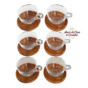 CONJUNTO 6 XÍCARAS CHÁ OU CAFÉ COM PIRES MADEIRA TECA