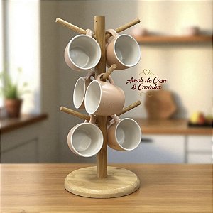 CONJUNTO 6 CANECAS DE CERÂMICA COM SUPORTE EM BAMBU