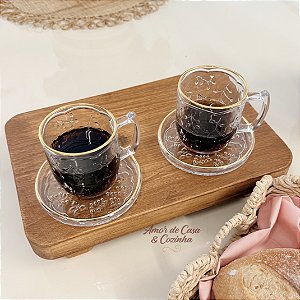 CONJUNTO 2 CANECAS COM PRATINHO DE VIDRO NEW BUTTERFLY FIO DE OURO 200ML
