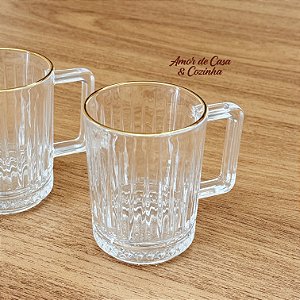 CONJUNTO 2 CANECAS DE VIDRO CHÁ OU CAFÉ DELI DIAMOND FIO DE OURO