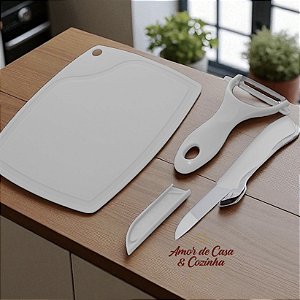 CONJUNTO 3 PECAS TÁBUA COM DESCASCADOR E FACA COM PROTETOR EM AÇO INOX E PLASTICO CINZA