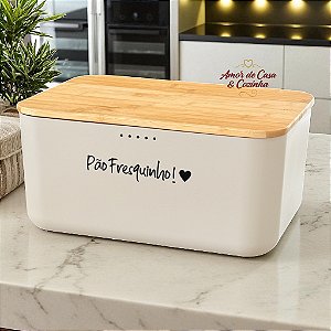 PORTA PÃO BEGE COM TAMPA DE BAMBU LUME