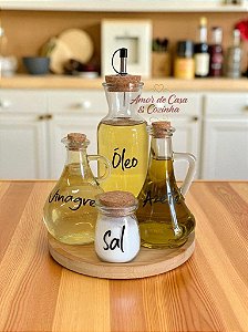 KIT GALHETEIROS SALEIRO E BANDEJA 5 PEÇAS DE VIDRO E BAMBU