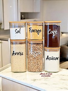POTES PERSONALIZADOS VIDRO E BAMBU FLAT COMBO 6 UNIDADES