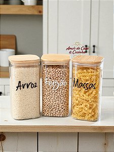 KIT 3 POTES FLAT VIDRO COM TAMPA DE BAMBU 1,4L