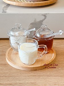 KIT AÇUCAREIRO MELEIRA MOLHEIRA E BANDEJA DE VIDRO TRANCOSO