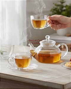 JOGO 4 XÍCARAS DE CHÁ COM PIRES VIDRO SERVIR BAMBOO 225 ML