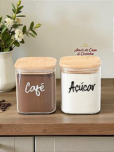 KIT 2 POTES FLAT VIDRO COM TAMPA DE BAMBU 800ML PERSONALIZADO