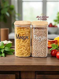 KIT 2 POTES FLAT VIDRO COM TAMPA DE BAMBU 1,4L