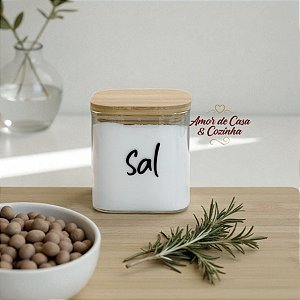 POTE DE VIDRO E BAMBU HERMÉTICO FLAT 600ML ESCOLHA SUA PERSONALIZAÇÃO