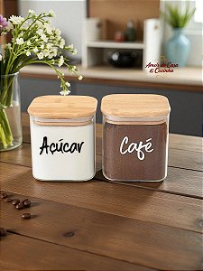KIT 2 POTES FLAT VIDRO COM TAMPA DE BAMBU 600ML PERSONALIZADO