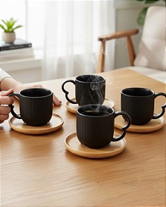 CONJUNTO 4 XÍCARAS CHÁ CERÂMICA GRANFINE PRETO E BAMBU 190ML