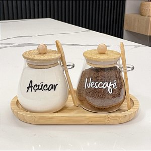 KIT 2 POTES 400ML TAMPA COLHER E BANDEJA DE BAMBU AURORA