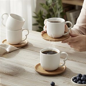 CONJUNTO 4 XÍCARAS CHÁ CERÂMICA GRANFINE BRANCA E BAMBU 190ML