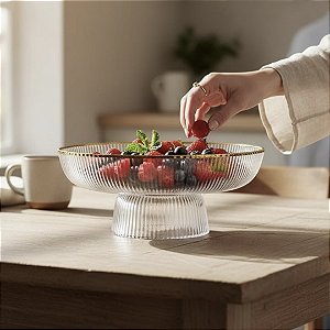 FRUTEIRA E CENTRO DE MESA VIDRO BORDA DOURADA GRAFIATO