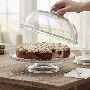 BOLEIRA E CENTRO DE MESA COM PÉ E TAMPA DE VIDRO.